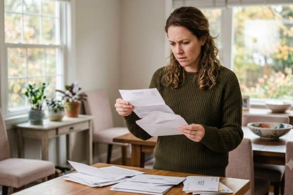woman looking concerned at mail received