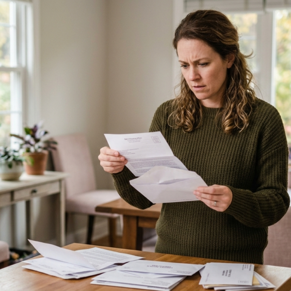 woman looking concerned at mail received