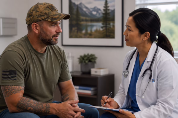doctor performing a VA C&P exam on a military veteran