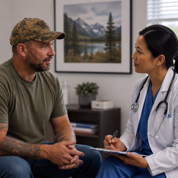 doctor performing a VA C&P exam on a military veteran