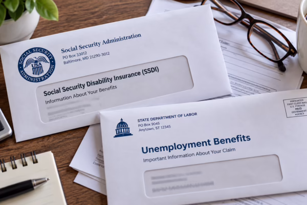 SSDI and Unemployment letters on a desk