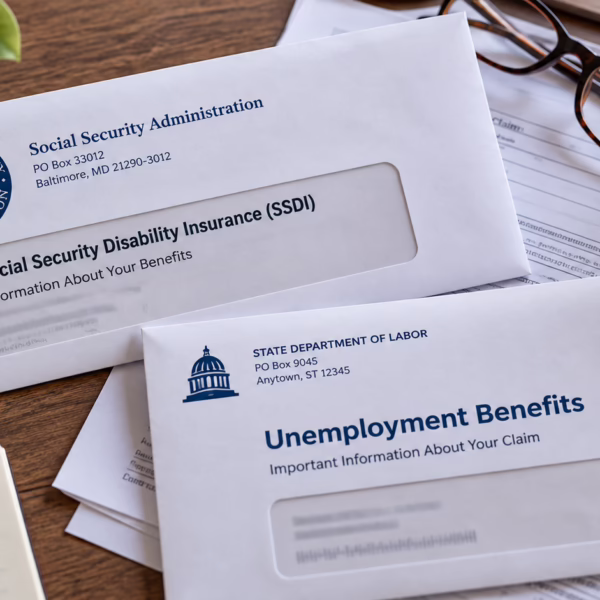 SSDI and Unemployment letters on a desk